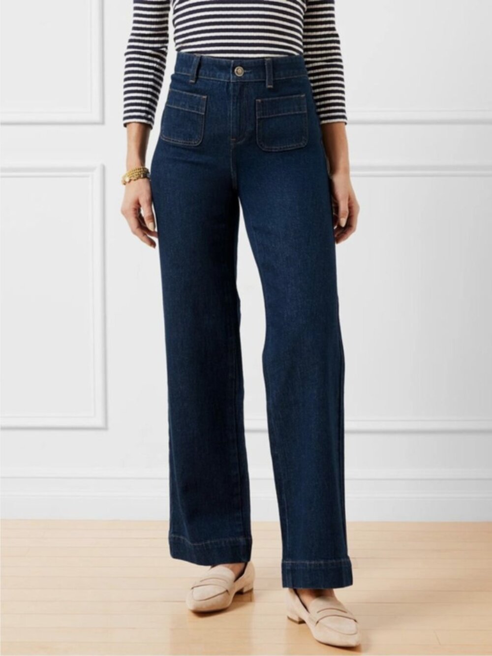 Talbots Relaxed Trouser Jeans Wide Leg Patch Pockets Denim Dark Wash size 10